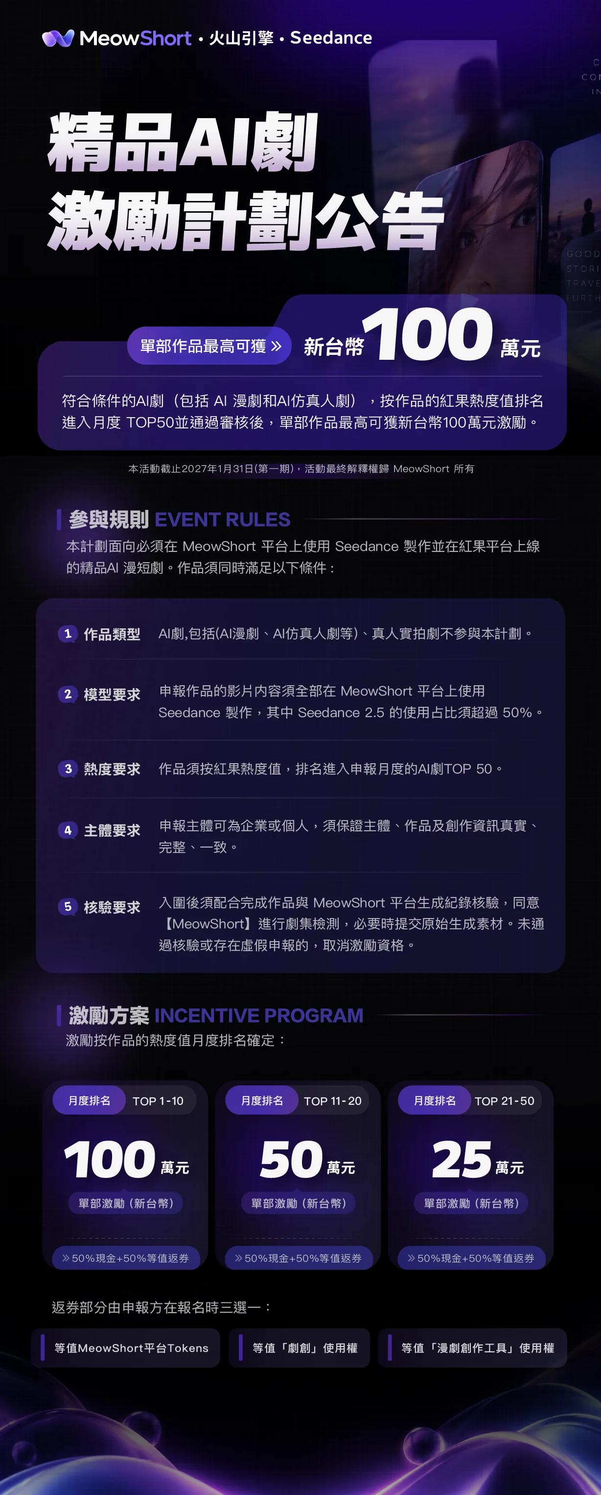 MeowShort 與 Seedance 精品 AI 劇激勵計畫完整活動海報,包含參與規則、模型要求、排名與獎勵級距